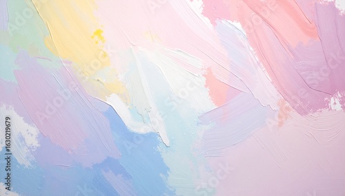 A vibrant wall painting featuring soft pastel colors, blending shades of pink, blue, and yellow, creating a serene and uplifting atmosphere.
