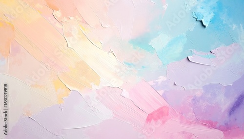 A vibrant painting featuring a blend of pastel colors, showcasing soft pinks, blues, and yellows that create a dreamy, serene atmosphere.