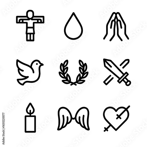 Martyrdom Symbol Icons. Outline icon set of martyrdom symbols: sacrifice, blood drop, praying hands, dove, laurel wreath, broken