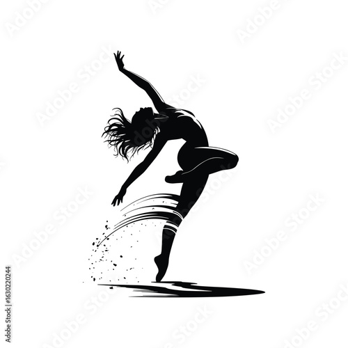 Dynamic silhouette of a dancer in mid leap with splashing water effect