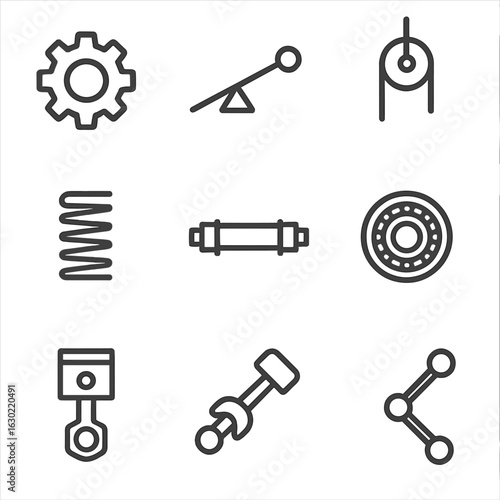 Mechanical Structures Icons. Outline icon set of mechanical structures: gear, lever, pulley, spring, shaft, bearing, piston,
