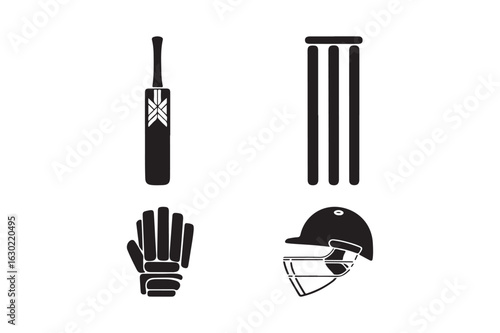 Cricket equipment icons set bat wicket gloves helmet
