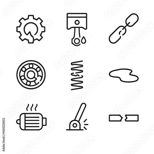 Mechanism Failure Icons. Outline icon set of mechanism failure: broken gear, leaking piston, snapped chain, worn bearing, faulty