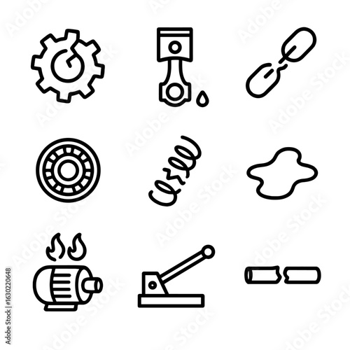 Mechanism Failure Icons. Outline icon set of mechanism failure: broken gear, leaking piston, snapped chain, worn bearing, faulty