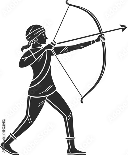 Female archer aiming a bow and arrow at a target for sport or competition