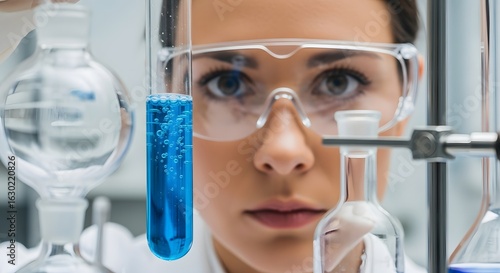 Focused Young Female Scientist Conducts Blue Liquid Experiment in Laboratory, Representing Innovation and Scientific Research in Action