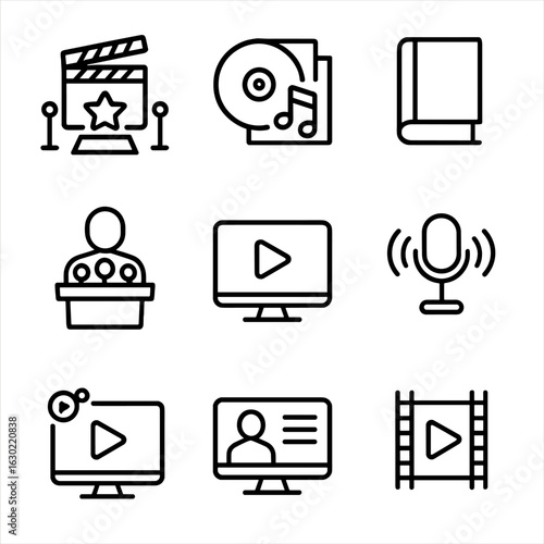 Media Release Icons. Outline icon set of media release: movie premiere, album launch, book release, press conference, trailer