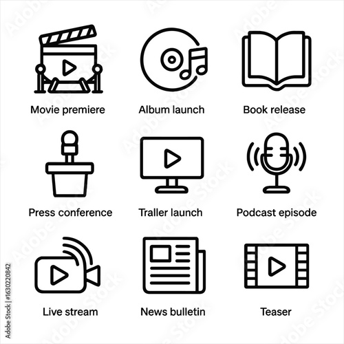 Media Release Icons. Outline icon set of media release: movie premiere, album launch, book release, press conference, trailer
