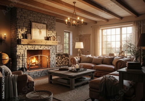 Wallpaper Mural Rustic Living Room with Stone Fireplace Torontodigital.ca