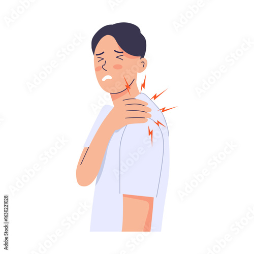 Male with arm pain illustration. Athletic shoulder injury. Arthritis and joint inflammation. Muscle ache and strain. severe shoulder cramp illustration 