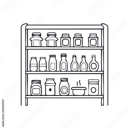 Minimalist outline vector of a food pantry shelf filled with jars and bottles. Simple black line art illustration for food storage and organization.