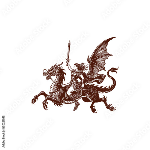 engraving illustration of a fierce woman holding a spear while riding a mighty dragon