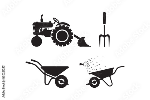 Farm equipment and tools silhouette vector illustration