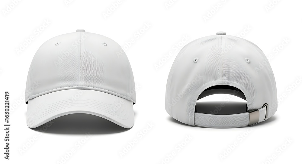 Fototapeta premium White baseball cap mockup showing front and back views. Blank dad hat template isolated on a white background for design presentation.