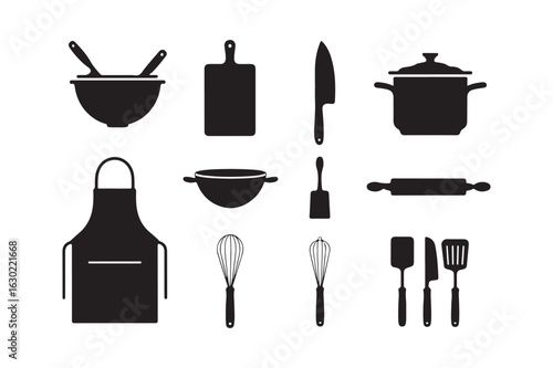 Collection of black kitchen utensils and cooking tools