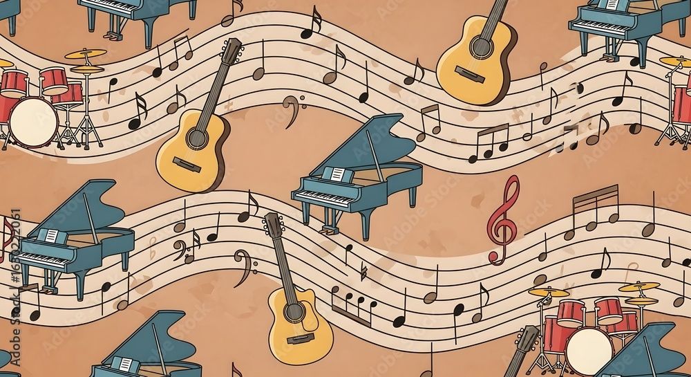 Obraz premium Vibrant musical montage features grand pianos guitars and drums on flowing sheet music background