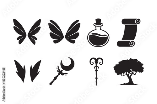 Fantasy icons set with wings potion scroll staff tree and crescent moon