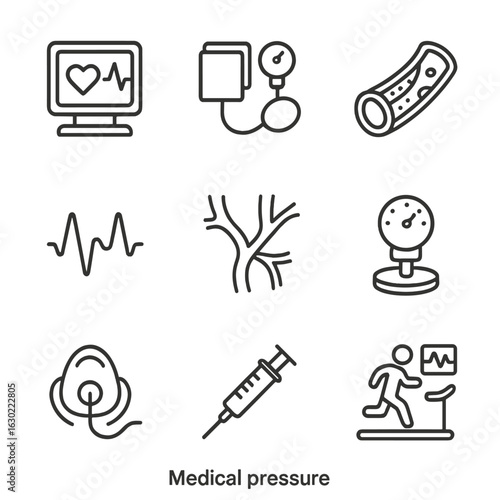 Medical Icon Set. Outline icon set of medical pressure: heart rate monitor, blood pressure cuff, artery cross-section, pulse wave,