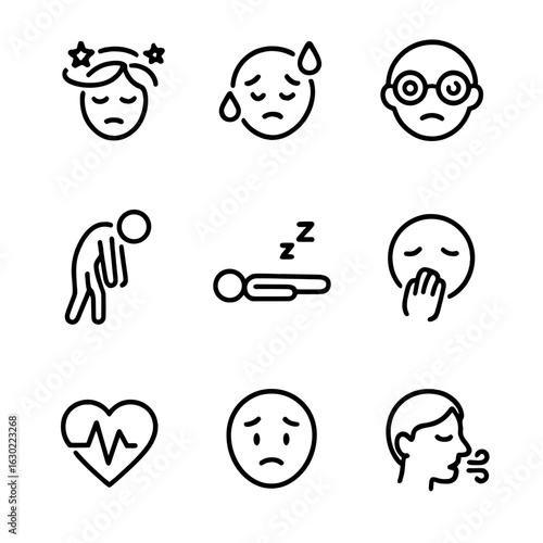 Medical Symptom Icons. Outline icon set of medical collapse symptoms: dizziness, sweating, blurred vision, weakness,