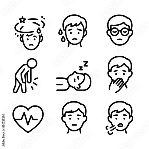 Medical Symptom Icons. Outline icon set of medical collapse symptoms: dizziness, sweating, blurred vision, weakness,
