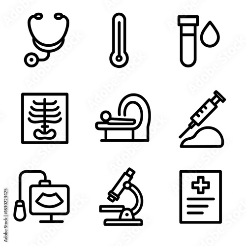 Medical Tools Icons. Outline icon set of disease diagnosis tools: stethoscope, thermometer, blood test, X-ray, MRI, biopsy,