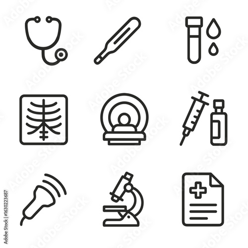 Medical Tools Icons. Outline icon set of disease diagnosis tools: stethoscope, thermometer, blood test, X-ray, MRI, biopsy,