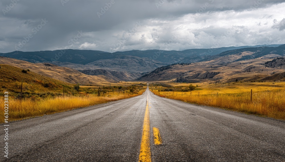Empty road stretching into a valley under a stormy sky Empty road stretching into a valley under a stormy sky