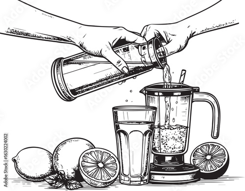 The Art of Juicing: A Hand-Drawn Engraving of Juice Preparation