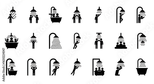 Silhouettes Human Bathing and Shower   Vector Set – Hygienic Activities Icons, Bathroom Routine, Body Wash, Bath Tub, Male and Female Figures, Editable Clipart on White  Backgrounds