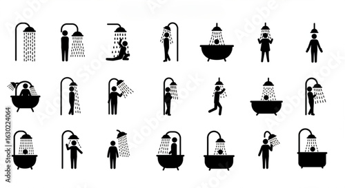 Silhouettes Human Bathing and Shower   Vector Set – Hygienic Activities Icons, Bathroom Routine, Body Wash, Bath Tub, Male and Female Figures, Editable Clipart on White  Backgrounds