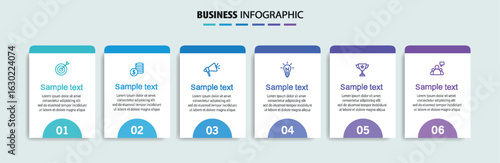 Business infographic design template with 6 options, steps or processes. Can be used for workflow layout, diagram, annual report, web design	