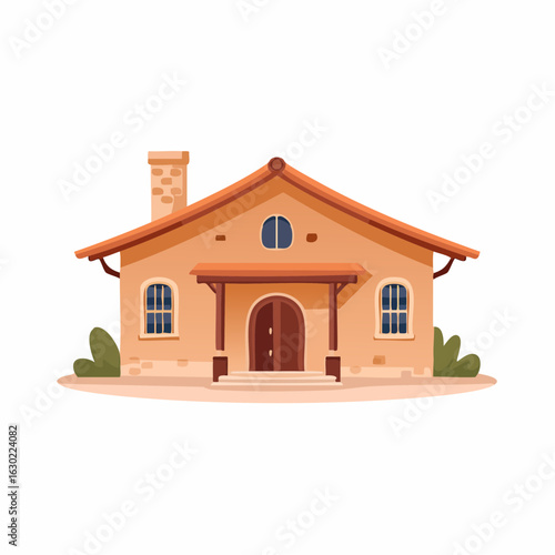 Architectural 3D illustration of a residential house with a roof and windows, a cottage-like building isolated on a white background