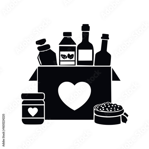 Silhouette icon of a charity food donation box with groceries. Vector illustration of a care package with a heart symbol for humanitarian aid.