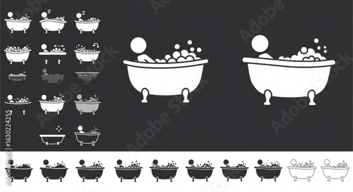 Silhouettes Human Bathing and Shower   Vector Set – Hygienic Activities Icons, Bathroom Routine, Body Wash, Bath Tub, Male and Female Figures, Editable Clipart on White and Black Backgrounds