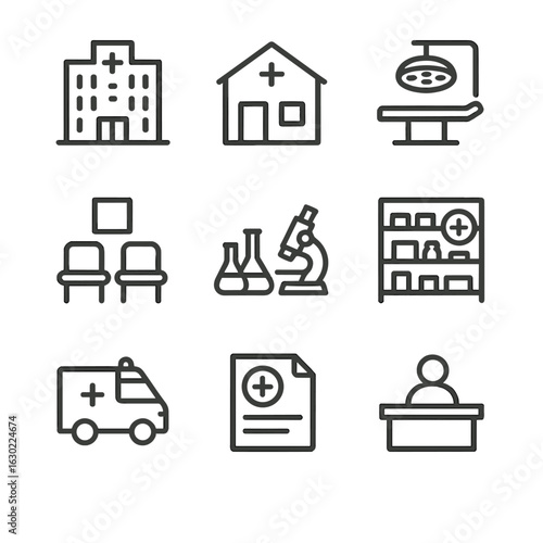 Medical Icon Set. Outline icon set of doctor environment: hospital building, clinic, operating room, waiting room, medical