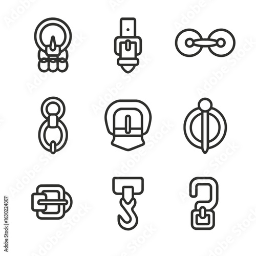 Medieval Buckle Icons. Outline icon set of medieval buckles: chainmail buckle, armor strap, cloak clasp, leather harness clip,