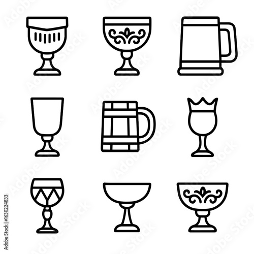 Medieval Drinkware Icons. Outline icon set of medieval drinkware: knight’s goblet, engraved chalice, feast tankard, pewter cup,