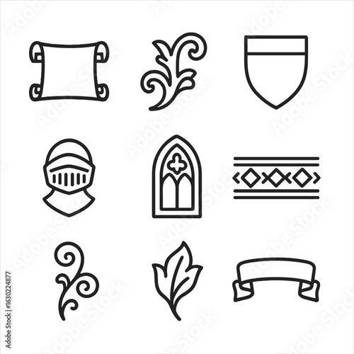 Medieval Icon Set. Outline icon set of medieval ornamentation: heraldic scroll, gothic curl, coat of arms band, knight insignia,