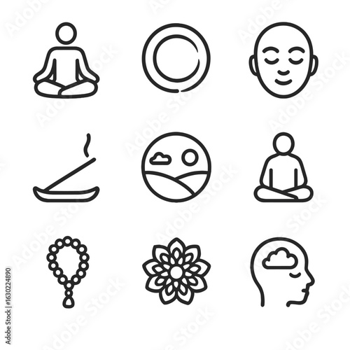 Meditation Icon Set. Outline icon set of meditation and mindfulness: lotus pose, zen circle, calm face, incense stick, peaceful