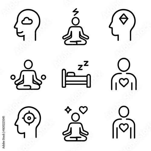 Meditation Benefits Icons. Outline icon set of meditation benefits: calm mind, reduced stress, clarity, inner balance, better