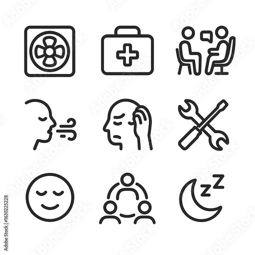 Meltdown Recovery Icons. Outline icon set of meltdown recovery: cooling fan, first aid kit, therapy session, deep breath, stress