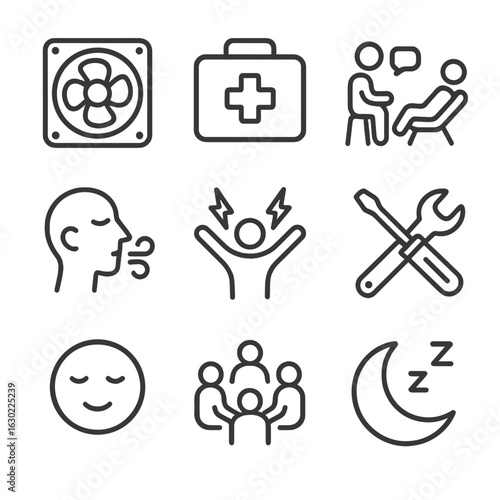 Meltdown Recovery Icons. Outline icon set of meltdown recovery: cooling fan, first aid kit, therapy session, deep breath, stress