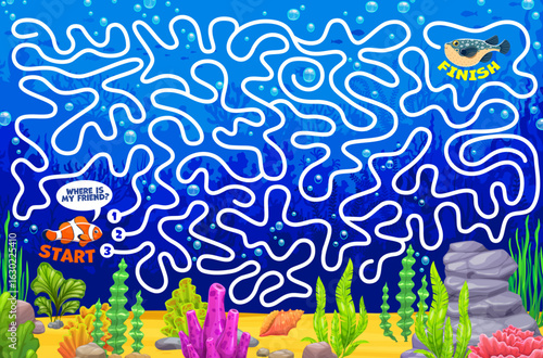 Labyrinth maze game worksheet, help to fish find her friend on the sea bottom. Pathfinder riddle, help find way game or labyrinth maze vector page with ocean or sea puffer and clown fishes characters