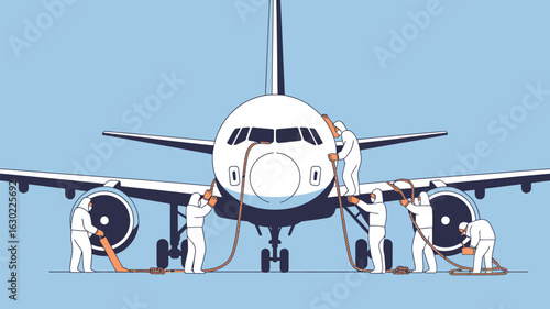 Aircraft maintenance crew working on jet engines under the wings of a passenger airplane
