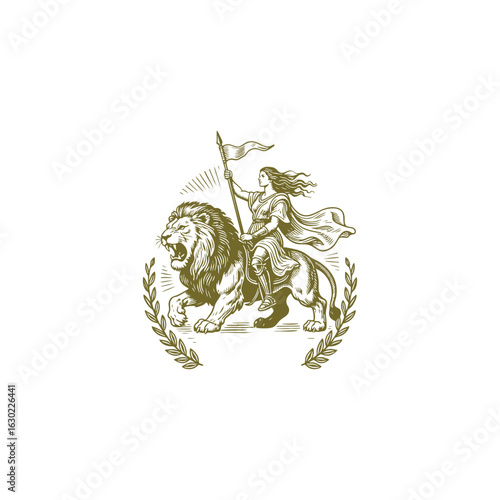 engraving of a graceful woman holding a flag while riding a mighty lion
