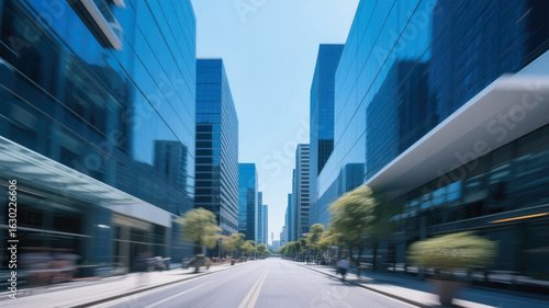 Urban Street Scene with Modern Glass Buildings and Motion Blur