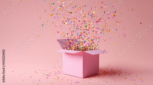Colorful confetti bursts from a pink gift box creating a festive and joyful atmosphere for celebrations and special occasions on a pastel background