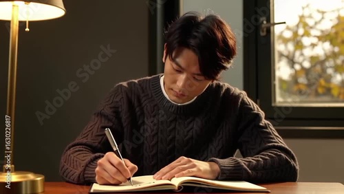  primer plano, joven cabizbajo, escribiendo concentrado en un cuaderno