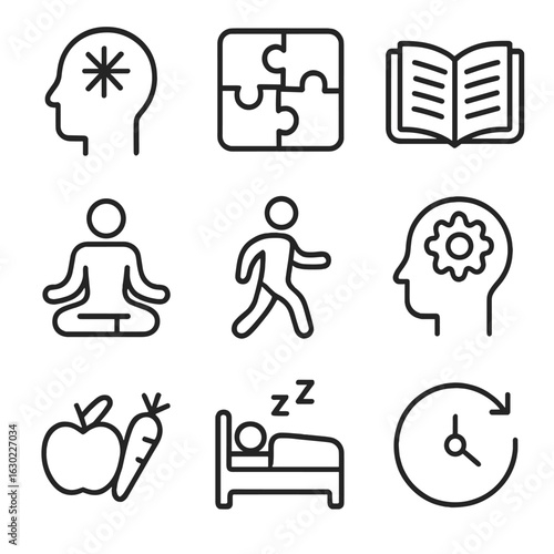 Memory Techniques Icons. Outline icon set of memory improvement techniques: mnemonic, puzzle, book reading, meditation, exercise,