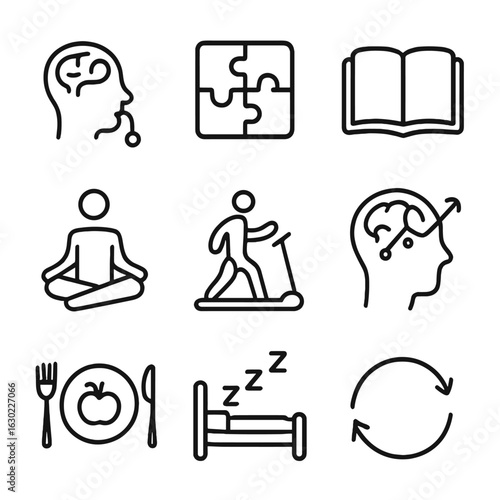Memory Techniques Icons. Outline icon set of memory improvement techniques: mnemonic, puzzle, book reading, meditation, exercise,
